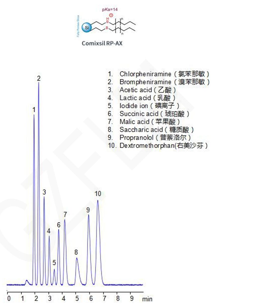 四種堿性藥物和六種酸性抗衡離子的HPLC分析圖譜